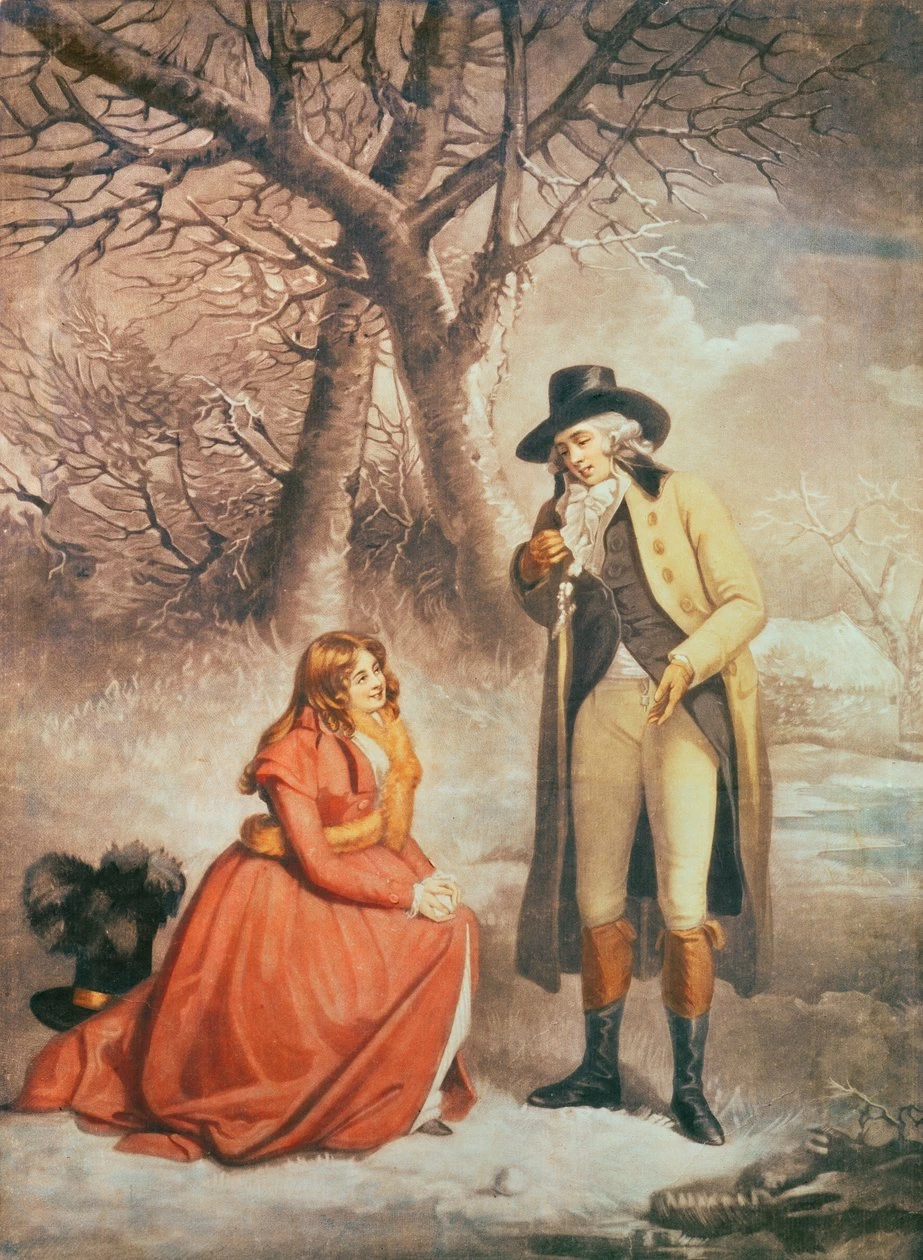 Gentiluomo e donna in una scena invernale